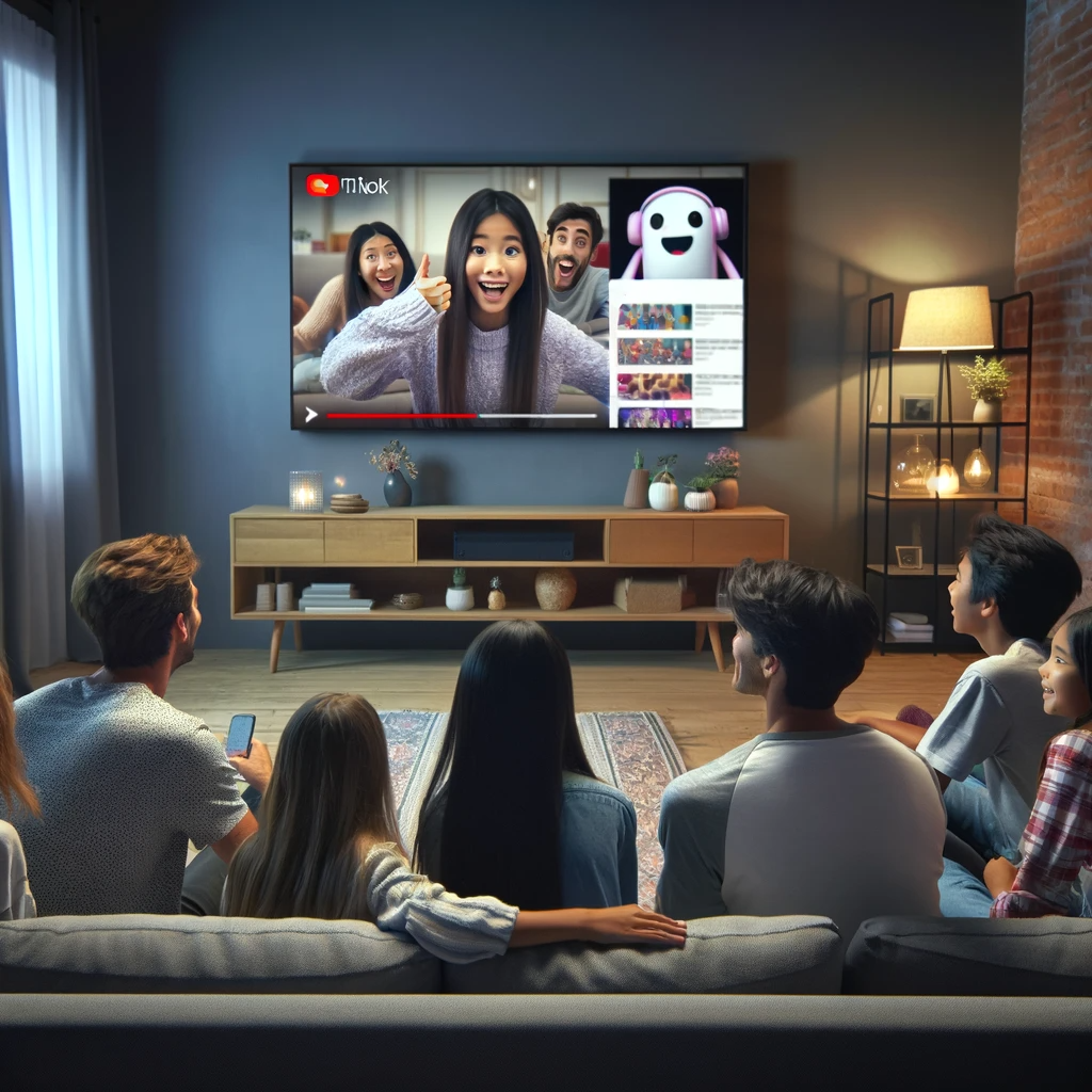 A-family-gathered-in-a-living-room-all-attentively-watching-a-large-TV-screen-displaying-a-TikTok-video.-The-room-has-a-modern-and-comfortable
